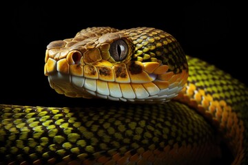 Obraz premium Close up of the head of a yellow snake on black background, snake elaphe dione, AI Generated