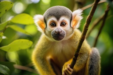 Squirrel monkey sitting on a branch in the rainforest of Costa Rica, Squirrel Monkey in amazon rainforest, AI Generated