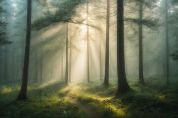 A serene misty forest with sunlight filtering through the trees