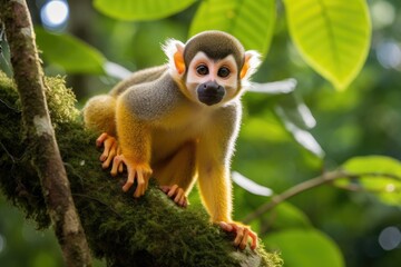 Naklejka na ściany i meble Squirrel monkey sitting on a branch in the rainforest of Costa Rica, Squirrel Monkey in amazon rainforest, AI Generated