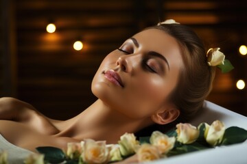 Obraz na płótnie Canvas A woman peacefully lays in a bathtub, adorned with beautiful flowers, women enjoying relaxing spa massage, AI Generated