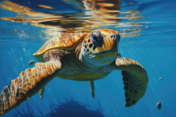 Green sea turtle swimming in blue water. Sea tortoise in the ocean, swimming turtle, AI Generated