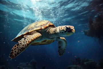 Obraz premium Hawaiian Green Sea Turtle Chelonia mydas, swimming turtle, AI Generated