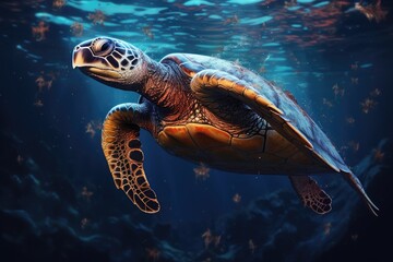 Fototapeta premium Green sea turtle swimming underwater in the ocean. Green sea turtle swimming in the ocean, swimming turtle, AI Generated