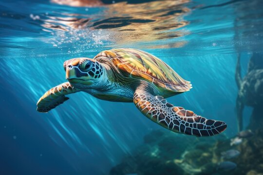 Green sea turtle swimming in deep blue ocean. 3D illustration, swimming turtle, AI Generated