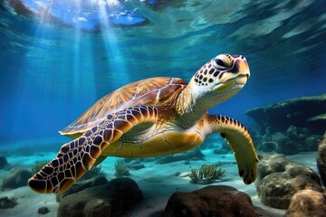 A stunning sea turtle gracefully glides through the crystal-clear ocean, showcasing its natural beauty, The green sea turtle, Chelonia mydas, Caribbean, Cayman Islands, AI Generated