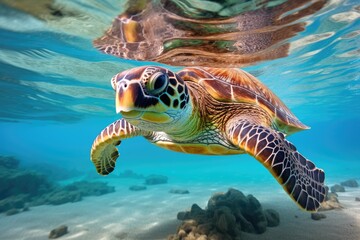 Obraz premium A green turtle gracefully glides through the vibrant blue waters of the ocean, The green sea turtle, Chelonia mydas, Caribbean, Cayman Islands, AI Generated
