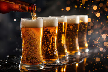 Collection of different types of beer. draft beers in different beer glasses. Set of beer glasses isolated on black background. Glassware with fresh beer. Variety of craft beer. Pouring drinks into 
