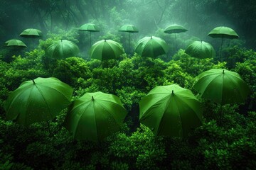 On top of a verdant forest, green umbrellas. Generative Ai. - obrazy, fototapety, plakaty