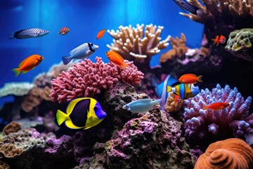 Naklejka na ściany i meble A mesmerizing scene featuring a variety of brilliantly colored fish swimming in a large and lively fish tank, tropical fish on a coral reef, AI Generated