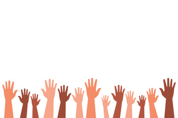 Multi-ethnic and diverse hands raised isolated on a white background. Unity of cultural diversity. Peace symbol, equality. Vector illustration flat design style.