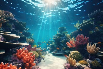 A stunning underwater scene of a coral reef with sunlight filtering through the crystal-clear water, Underwater view of tropical coral reef with fishes and corals, AI Generated