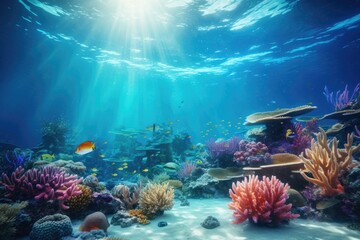 Explore the vibrant beauty of a coral reef as fish swim amongst the colorful corals, Underwater view of tropical coral reef with fishes and corals, AI Generated