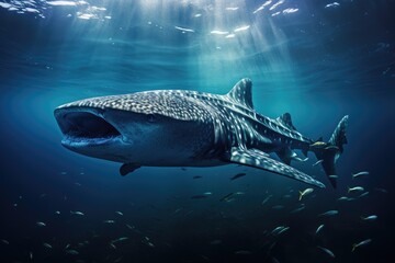 A majestic whale gracefully swims through the ocean as it opens its mouth wide, Whale shark swimming in the ocean, AI Generated