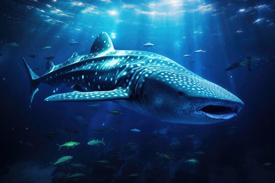 A breathtaking photo capturing a beautiful whale gracefully swimming among a multitude of fish in the vast ocean, Whale shark is a big fish in the sea, AI Generated