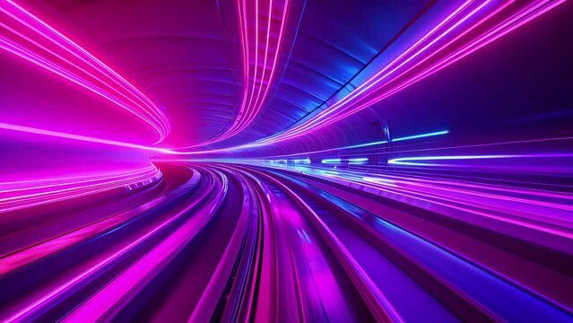 A neon train speeding through a digital tunnel its tracks glowing with neon lights.