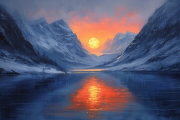 Fototapeta na wymiar Painting depicting the sun setting over a mountain. Generative Ai.