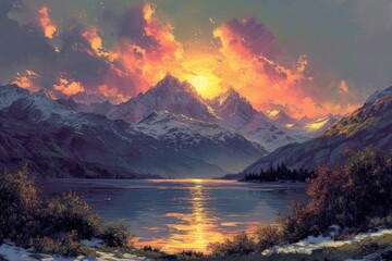 Painting depicting the sun setting over a mountain. Generative Ai.