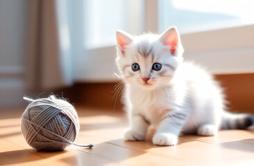 Little white kitten playing with yarn ball in bright room with big window