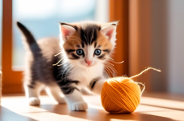 Little adorable kitten playing with yarn ball in bright room with big window