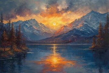 Painting depicting the sun setting over a mountain. Generative Ai.