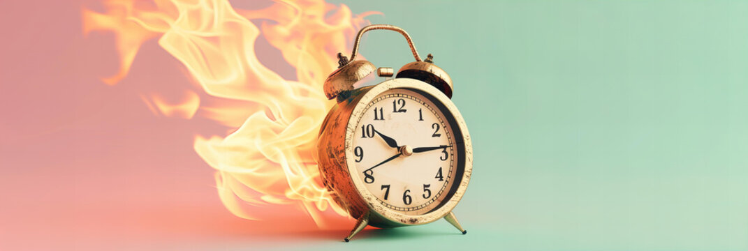 
Burning retro alarm clock on a pastel background, as a metaphor for time that is running out