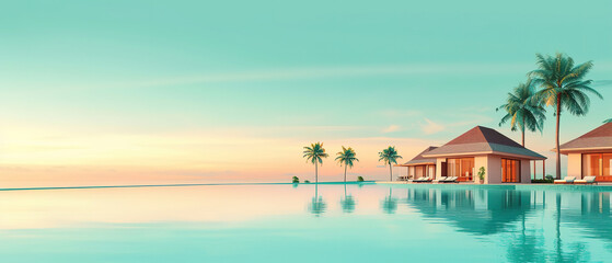 Fototapeta na wymiar Tropical minimalistic mockup. Luxury panoramic view at exotic resort on turquoise seascape background with empty copy space
