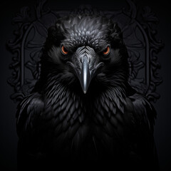 "Intense Black Raven Portrait, Symbol of Mystery and Intelligence, with Hypnotic Orange Eyes on a Dark Gothic Background, Ideal for Book Covers and Mysterious Themes"