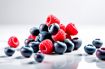 Heap of fresh berries, ripe blueberry and raspberry on a white background
