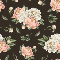 Poster Floral watercolor seamless pattern with white and peach fuzz peony flowers, buds and green leaves on dark © Leyla