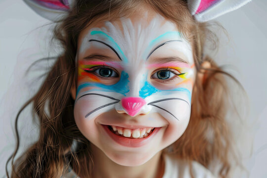 
Easter bunny face painting. Happy smiling child.
