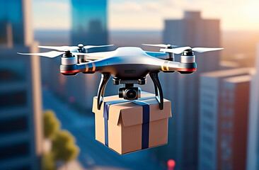 Drone in the air over the city, delivery drone delivering a box with a parcel, modern technologies, future innovations