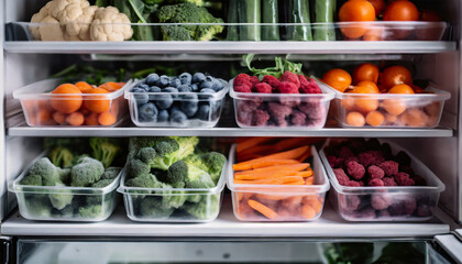 Frozen Berries and Nutrient-Rich Veggies Safely Stored in Reusable Containers on Home Refrigerator Shelves