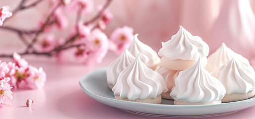 Elegant Meringue Swirls in a plate on Pastel Background. Whipped meringue cookies in a soft swirl design, copy space.