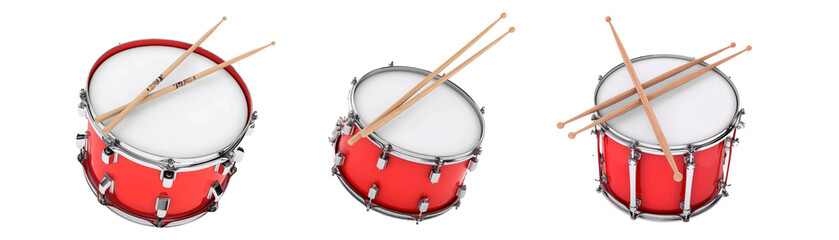 red bass drum with pair of drum sticks on a white background - obrazy, fototapety, plakaty