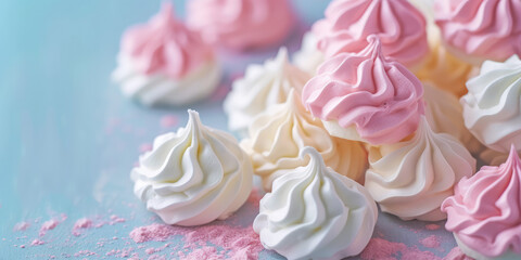 Elegant Meringue Swirls on Pastel blue Background. Whipped meringue cookies in a soft swirl design, copy space.