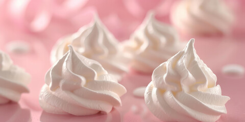 Classic Elegant Meringue Swirls on Pastel Background. Whipped meringue cookies in a soft swirl design, copy space.