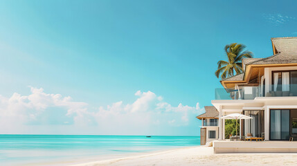 Fototapeta premium Tropical minimalistic mockup. Luxury panoramic view at exotic resort on turquoise seascape background with empty copy space