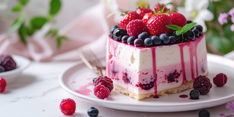 Berry Mousse Cake with Fresh Garnish on Elegant Setting. Sumptuous berry mousse cake topped with fresh berries on pastel backdrop.