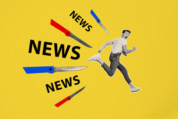 Creative art collage of young funny guy scared running away from fake news sharp knives chasing him...
