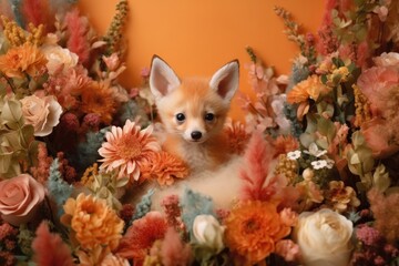 baby fox in flowers as a baby sloth