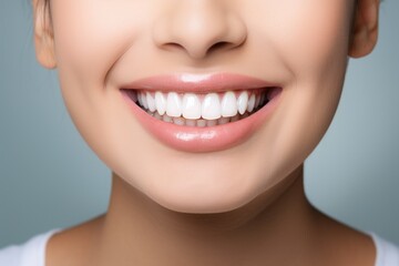 Obraz premium A woman with a toothbrush in her mouth showcases the importance of daily dental care and oral hygiene, Young woman showing healthy gums on grey background, AI Generated