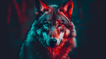 Wolf howling to the moon, illustrative colorfully poster, aurora on the sky, pack of wolves running in the woods,  wolf howling in front of full moon background, close up. Generative AI 
