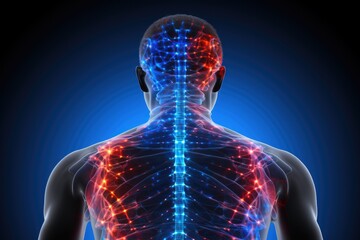This image showcases the back of a mans neck, highlighting the severity and impact of neck pain on daily life, Lower and upper back pain highlighted in blue and red, AI Generated - obrazy, fototapety, plakaty