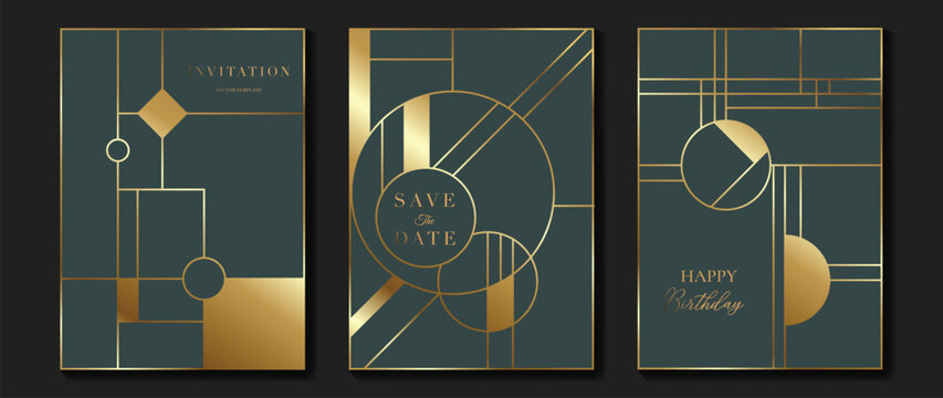 Luxury invitation card background vector. Elegant classic antique design, gold lines gradient, geometric shape on gray background. Premium design illustration for gala card, grand opening, art deco.