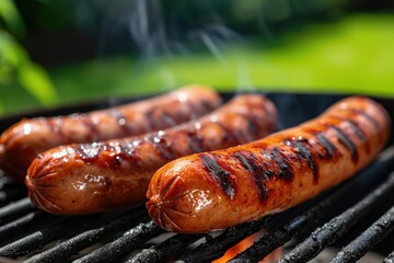 Three grilled hotdogs. Generative Ai. - obrazy, fototapety, plakaty