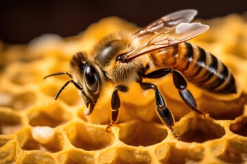 A close-up shot capturing the intricate relationship between a bee and a honeycomb, Macro shot of a bee on honeycombs, Macro photography, AI Generated