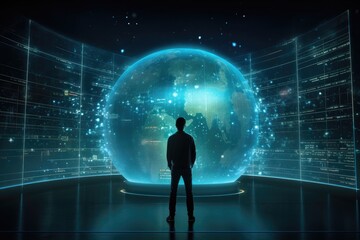 Silhouette of businessman looking at hologram planet earth. 3D rendering, Silhouette of a person standing in front of a giant digital screen showing a hologram of data flows, AI Generated - obrazy, fototapety, plakaty