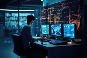 Young man working on server in datacenter room. Dark tone, Software engineer utilizing a computer in a modern data communication room, showcasing network connection lines, AI Generated