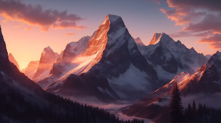 Mountain landscape at sunset Panoramic view of the snowy peaks of the mountains